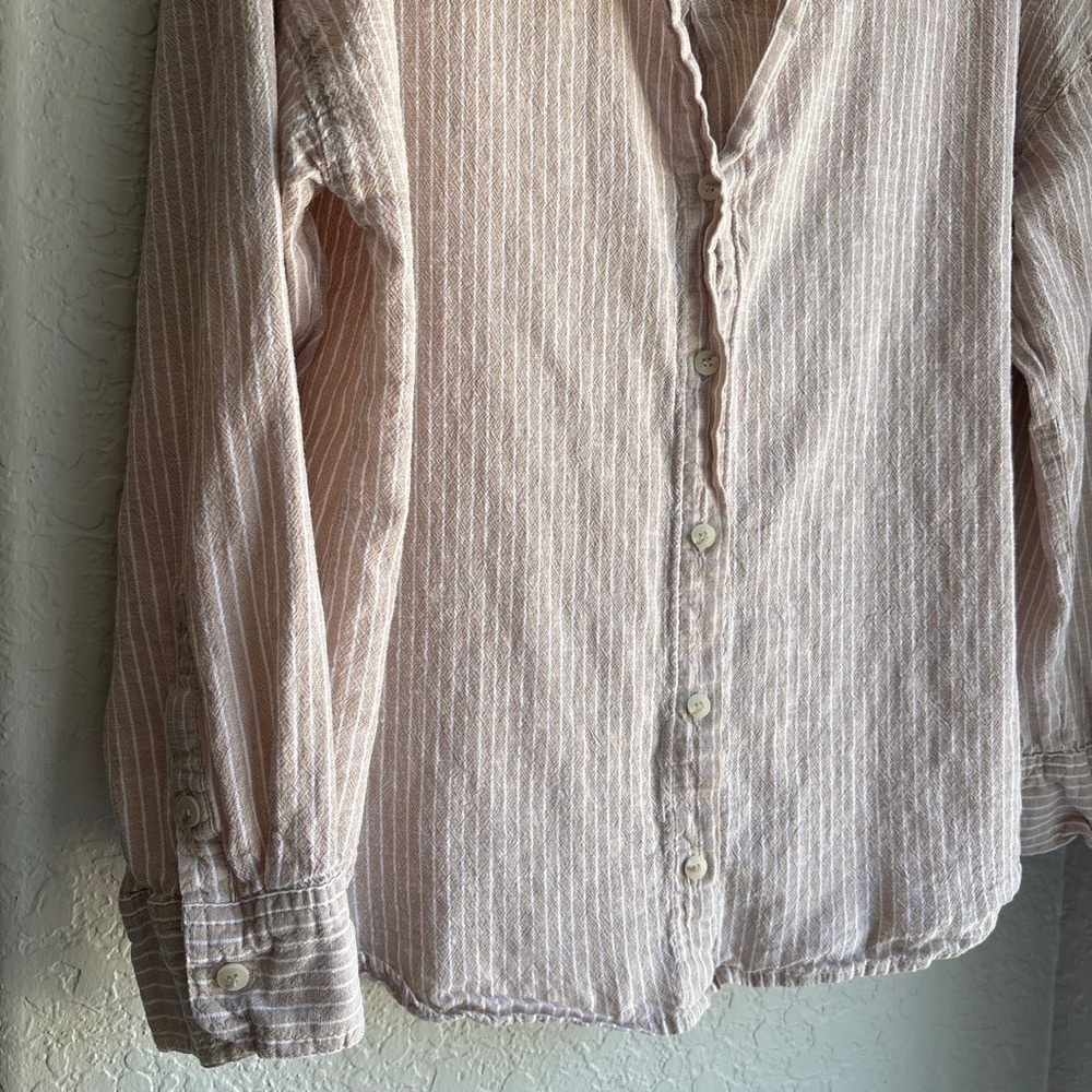 Striped Women L Button Boho Tan White Linen Blend Long Sleeve Coastal Granola - Picture 2 of 7